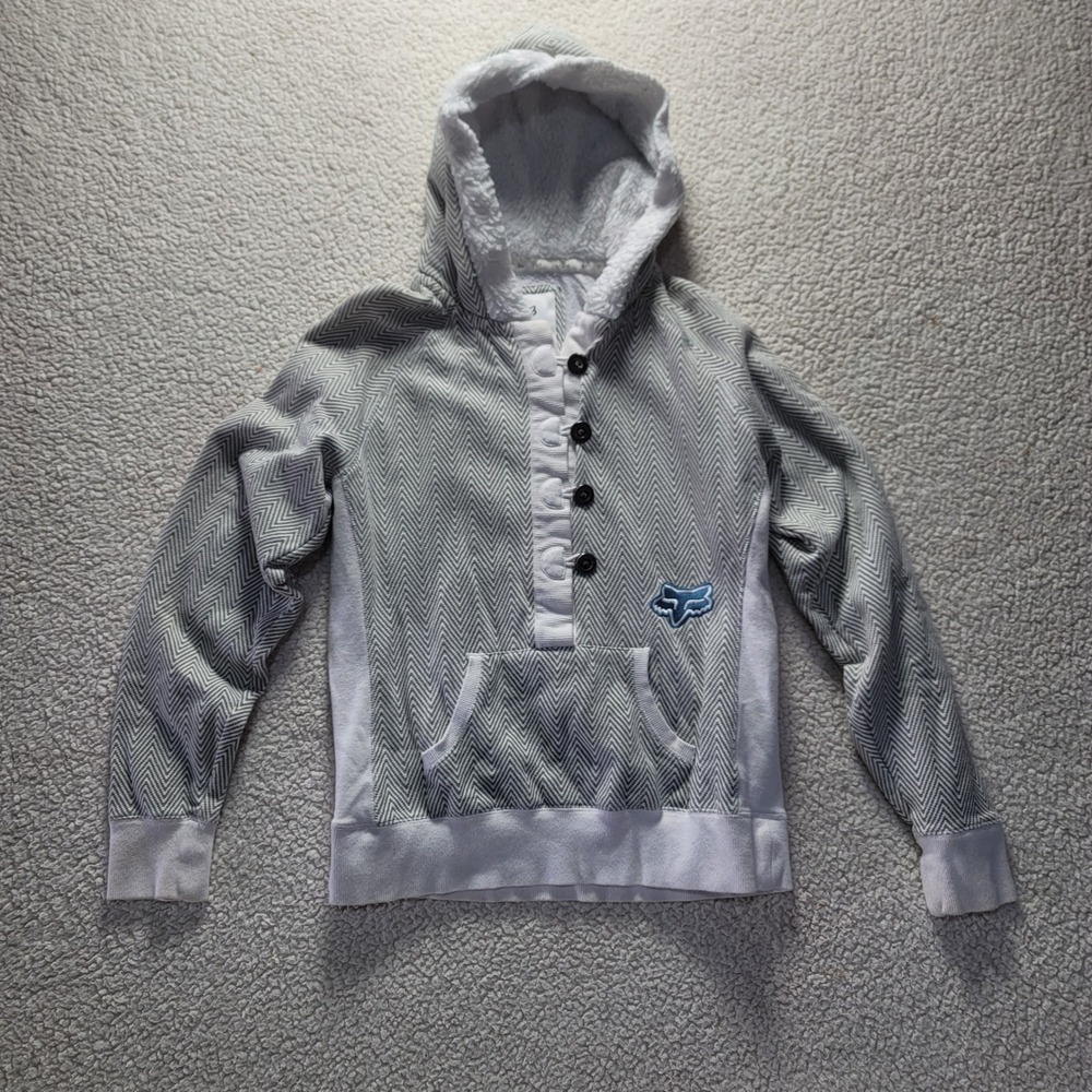 Fox Girls Hoodie Gray White Herringbone Sherpa Lined Pullover Pocket XL
